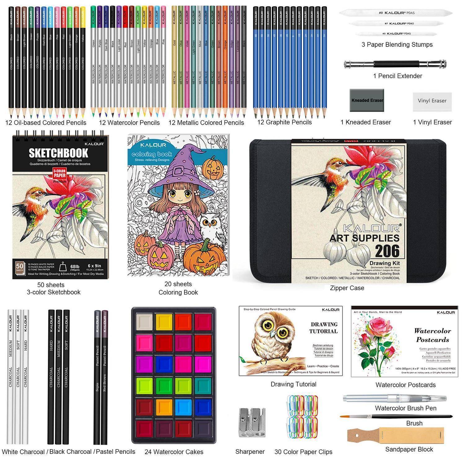 Kalour Kunstbedarfset mit Farbstiften, Graphit, Kohle, Aquarellkuchen, Skizzenbüchern, Zeichenanleitung, Postkarten und Koffer.