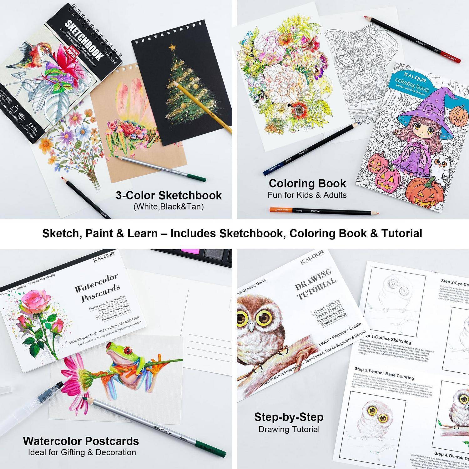 Collage von Kunstmaterialien und Beispielseiten mit einem Skizzenbuch, Malbuch, Aquarell-Postkarten und Schritt-für-Schritt-Zeichenanleitung für Kinder und Erwachsene.