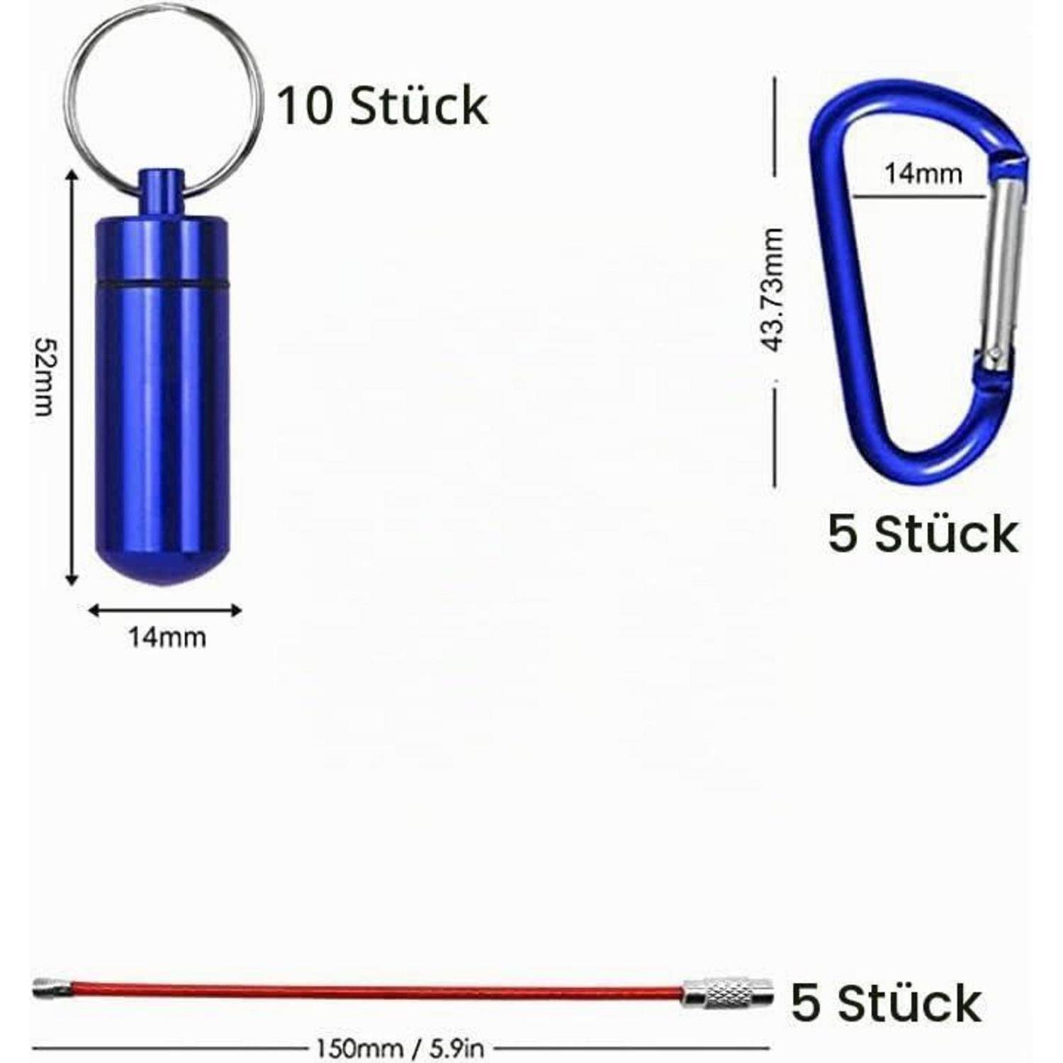 Produktdiagramm mit blauer Schlüsselanhänger-Kapsel, Karabiner und Drahtwerkzeug mit Abmessungen und Mengen: 10 Stück, 5 Stück, 5 Stück.