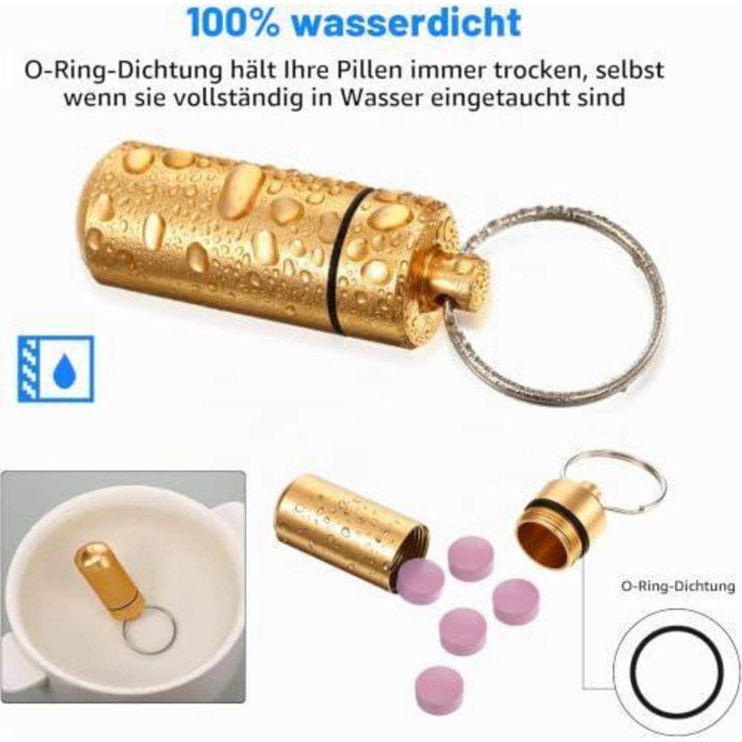 Goldener wasserdichter Pillen-Schlüsselanhänger mit Kapsel und O-Ring-Dichtung, gezeigt geschlossen und offen mit herausfallenden Pillen, die „100% wasserdicht