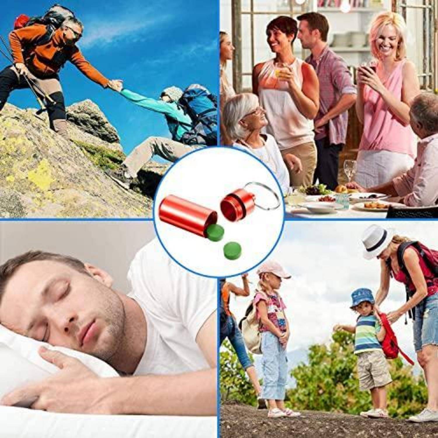 Collage aus gesundem Schlaf, Outdoor-Abenteuer, Familientreffen und Kinderausflug, zentriert auf eine rote Schlaftablette und grüne Tabletten.