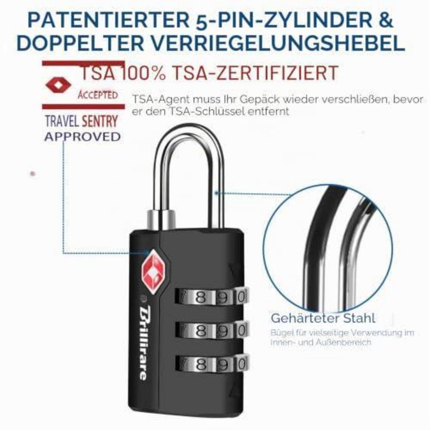 Bild eines schwarzen 5-stelligen TSA-Gepäckschlosses mit silbernem Bügel und Kombinationswählscheiben, gekennzeichnet mit "TSA 100% zertifiziert"" und ""Travel Sentry Approved"".