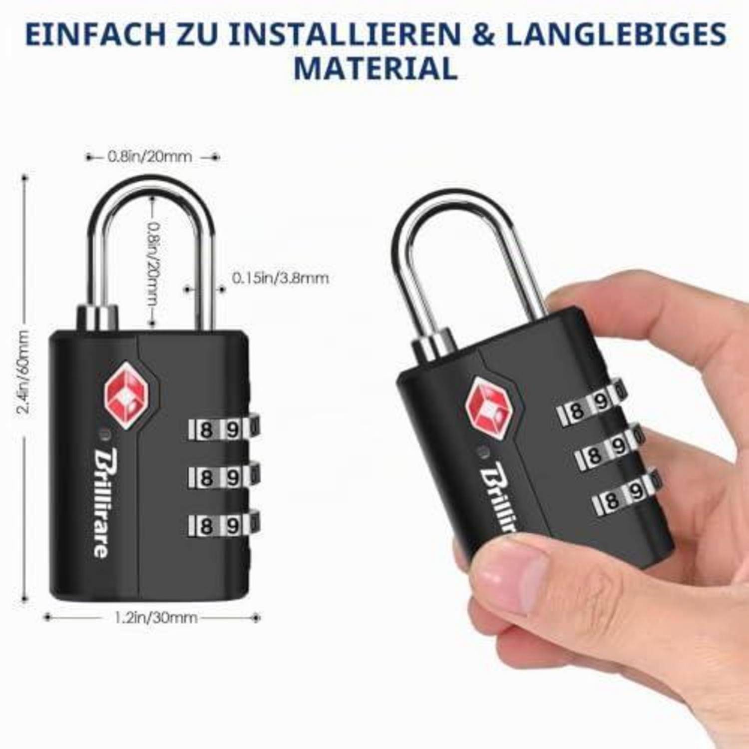 Schwarzes Vorhängeschloss mit 3-stelliger Zahlenkombination und silbernem Bügel, abgebildet mit Maßangaben und daneben eine Hand, die es neben einer beschrifteten Produktabbildung hält.
