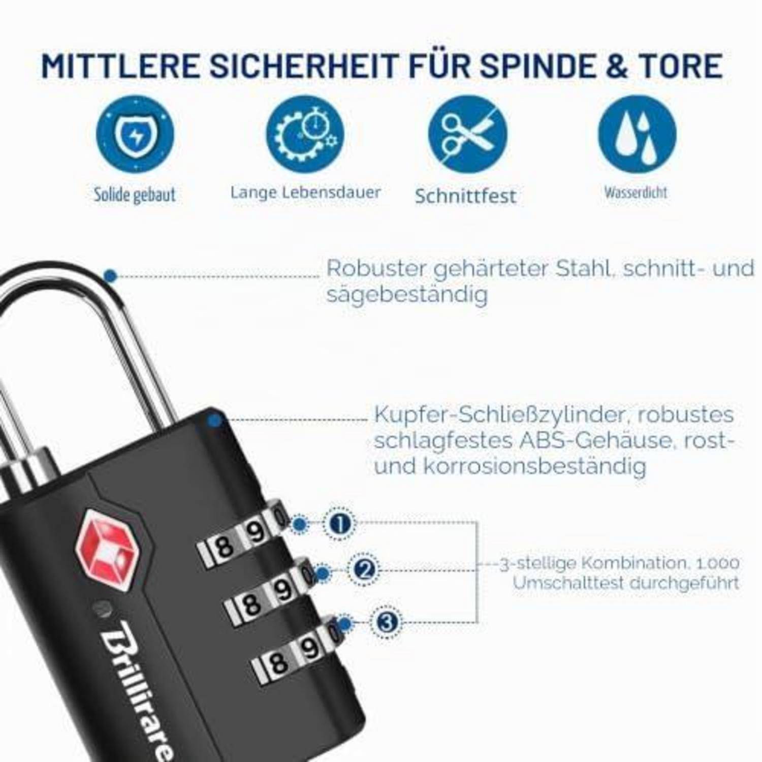 TSA Gepäckschloss 3-stellig Kombinationsschloss wasserdicht zurücksetzbar