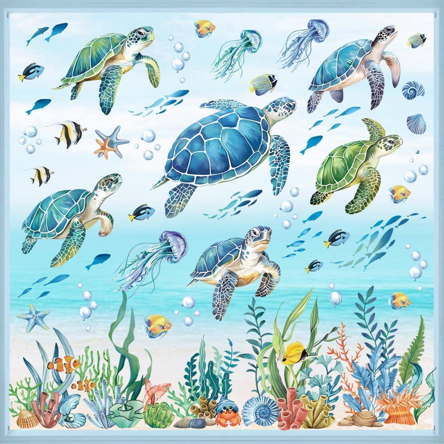 Illustration von mehreren Meeresschildkröten, die über einem farbenfrohen Korallenriff mit Fischen, Quallen, Muscheln und Blasen in einer hell erleuchteten Unterwasserszenerie schwimmen.
