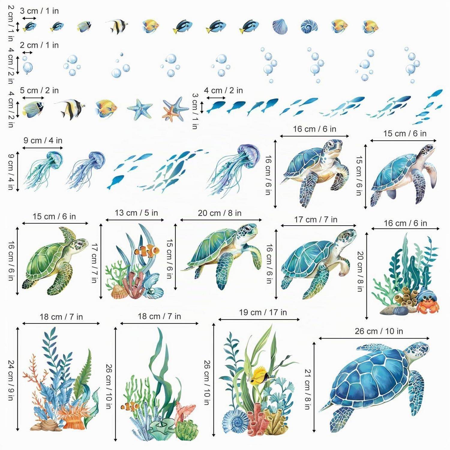 Diagramm der Größen und Wachstumsstadien von Meeresschildkröten, das Schlüpflinge, juvenile Fische, Seegras, Korallen und erwachsene Schildkröten mit Zentimeter- und Inch-Messungen zeigt.