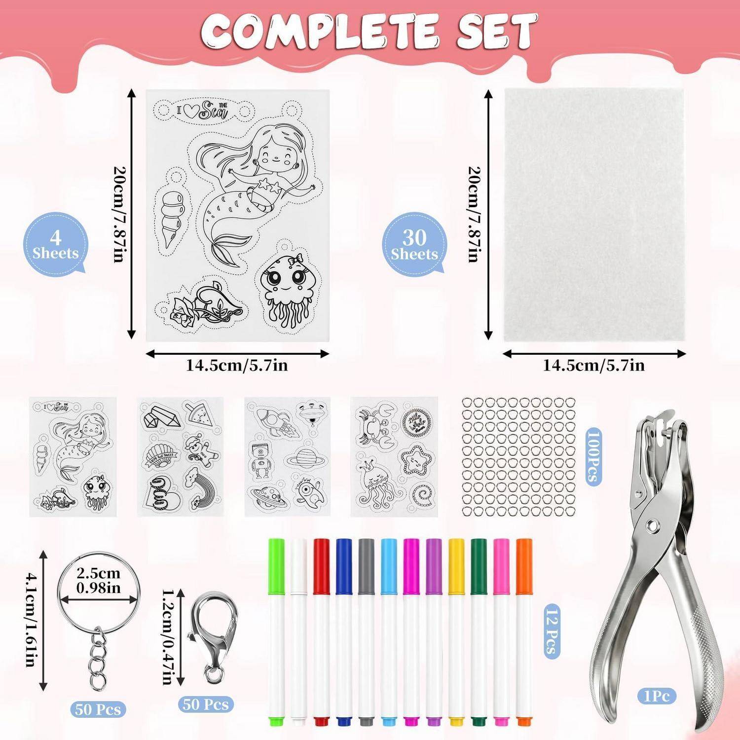 Produktset-Infografik mit Meerjungfrauen-Aufklebeblättern, leeren Blättern, Klebepunkten, 12 Stiften, Schlüsselanhängern und einem Locher; mit der Bezeichnung "Komplettes Set"".
