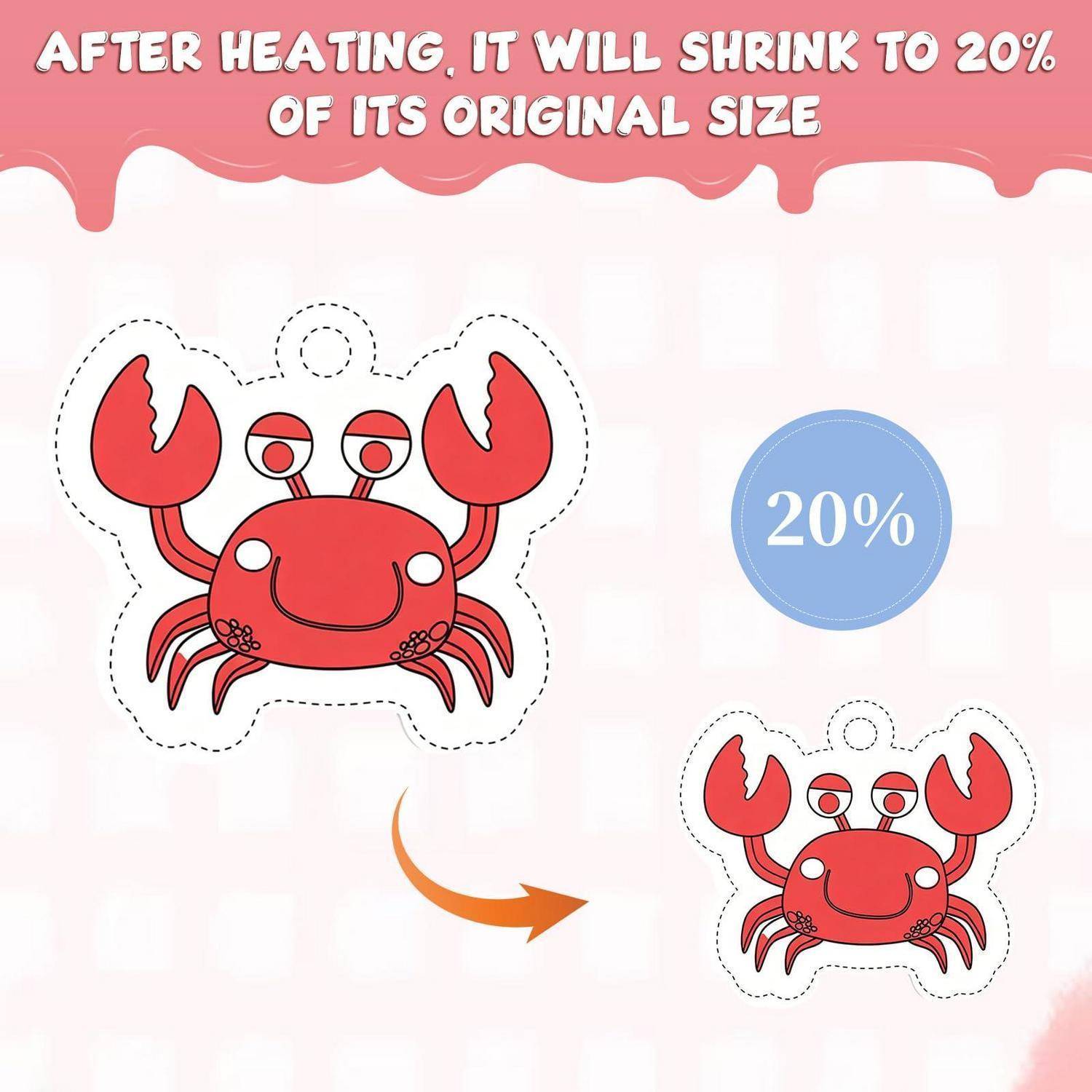 Illustration einer Krebsketten-Anhänger, der nach dem Erhitzen schrumpft, mit dem Text „NACH DEM ERHITZEN SCHRUMPFT ES AUF 20 % SEINER URSPRÜNGLICHEN GRÖSSЕ" und einer Kennzeichnung mit 20%.