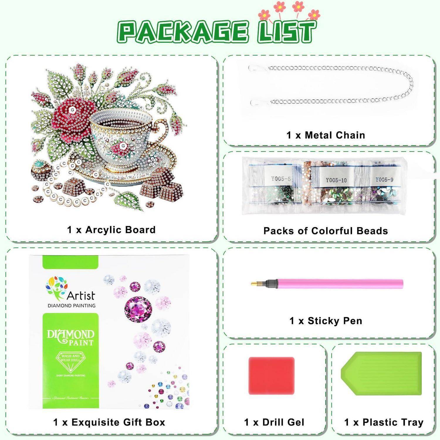 Paketliste für ein Diamond-Painting-Set: Acrylplatte mit Blumententassen-Design, Metallkette, bunte Perlen, Geschenkbox, Klebstift, Drill-Gel und Kunststofftablett.