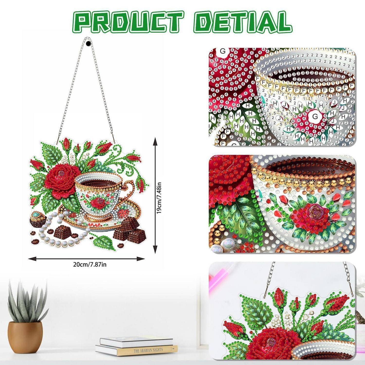 Diamantmalerei-Produktdetailbild eines floralen Teekannen-Wandbehang-Sets mit Abmessungen von 20 cm x 19 cm und Nahaufnahmen des Perlenmusters und des fertigen Designs.