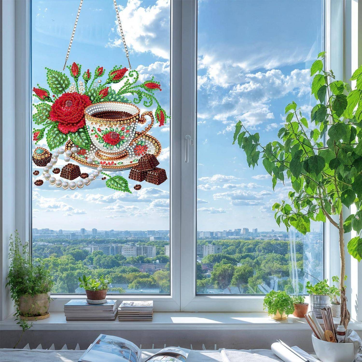 QENSPE Diamantmalerei Set Anhänger Kaffee 5D Acryl Fensterbild