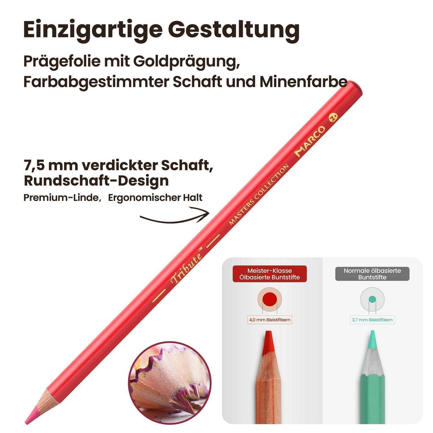 Roter Buntstift mit Goldverzierungen, gezeigt als Werbung für „Einzigartige Gestaltung