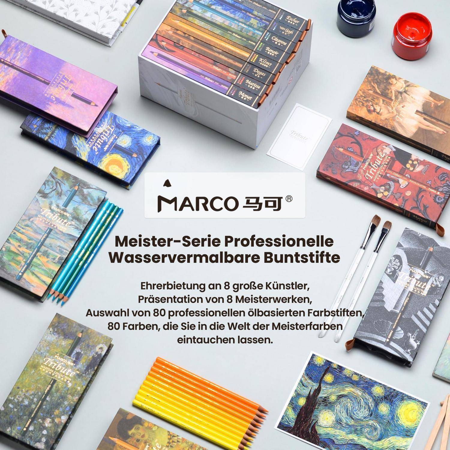Werbeausstellung der MARCO Meister-Serie wasserlöslicher Farbstifte in 80 Farben, umgeben von künstlerthematischen Kartonsets und Stiftpaketen.