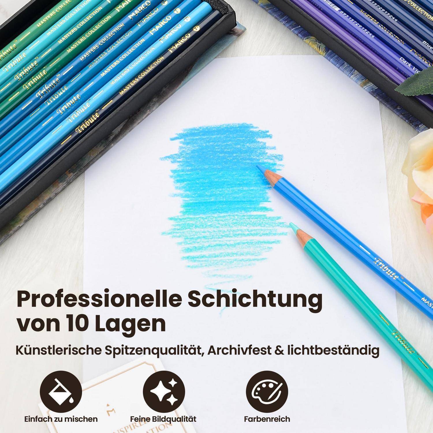 Anzeige für Kunststifte mit farbigen Stiften, die ein weißes Blatt mit einem blauen Farbverlauf umrahmen und deutschem Text: 'Professionelle Schichtung von 10 Lagen'.