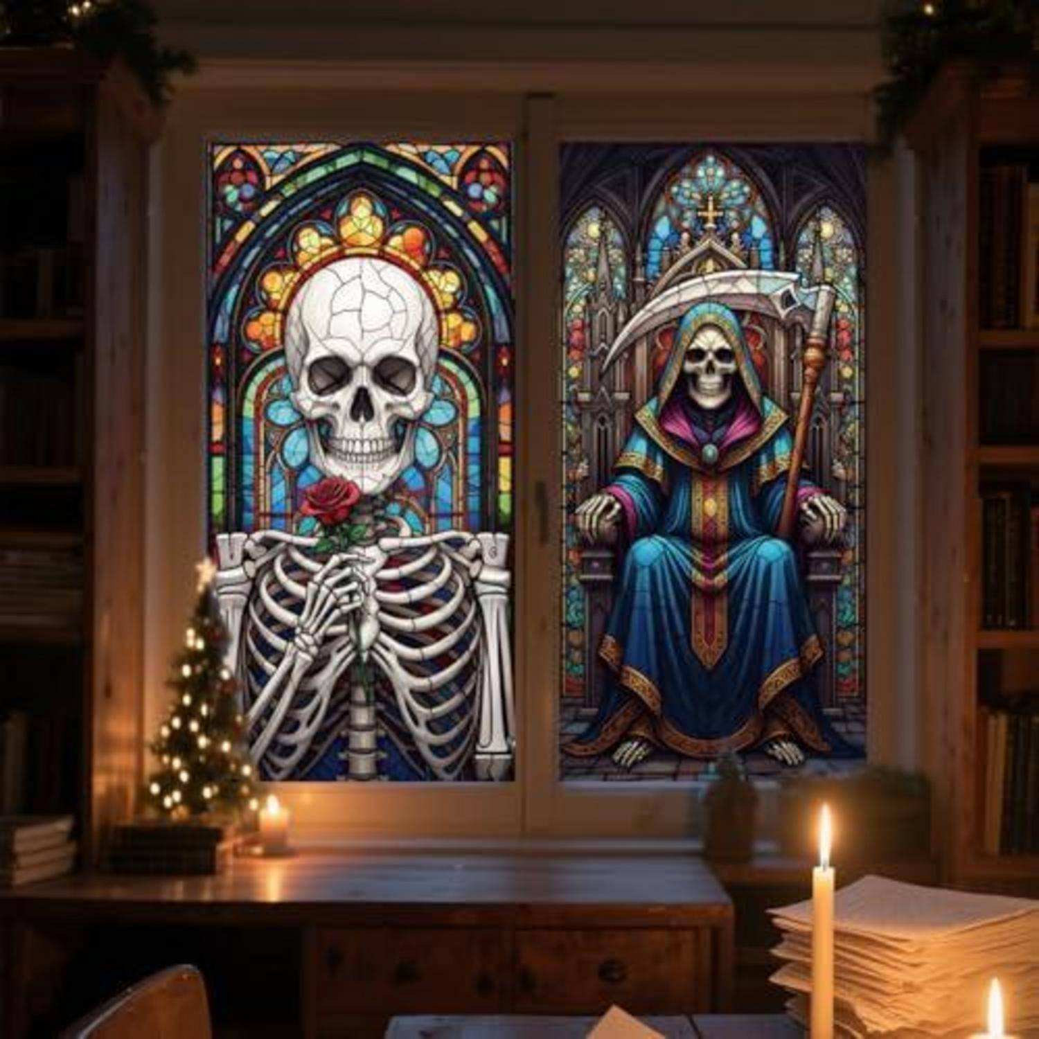 Ein gemütliches Zimmer mit einem Fenster, das zwei bunte Glasskelett-Figuren zeigt, eine hält eine Rose und eine sitzt als düsterer Sensenmann, beleuchtet von Kerzen und einem kleinen Weihnachtsbaum.