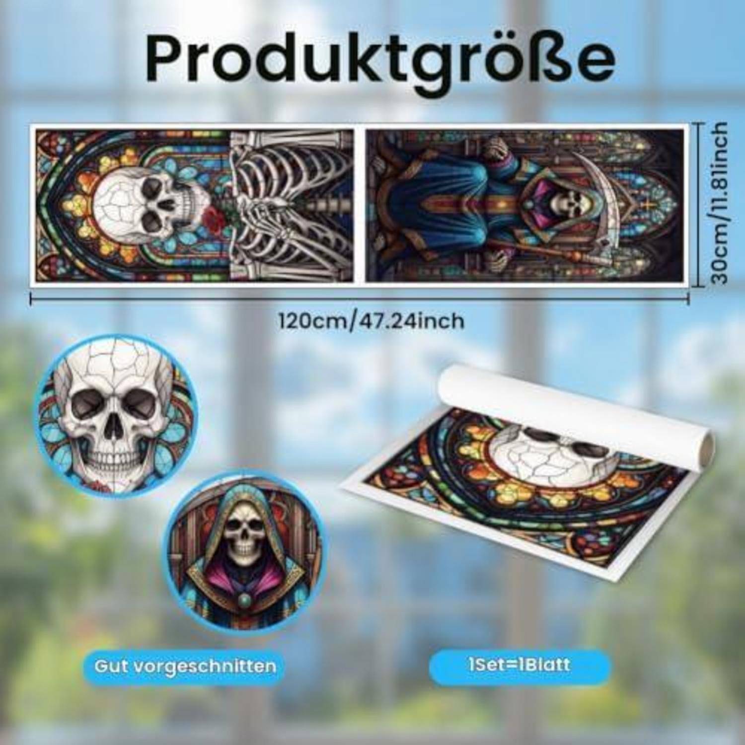 Produktgrößendiagramm für zwei Totenkopf-Bleiglasfenster-Aufkleber, das ein 120 cm × 30 cm großes Feld zeigt und dass 1 Set gleich 1 Blatt ist, mit vorgeschnittenen kreisförmigen Totenkopf-Teilen.