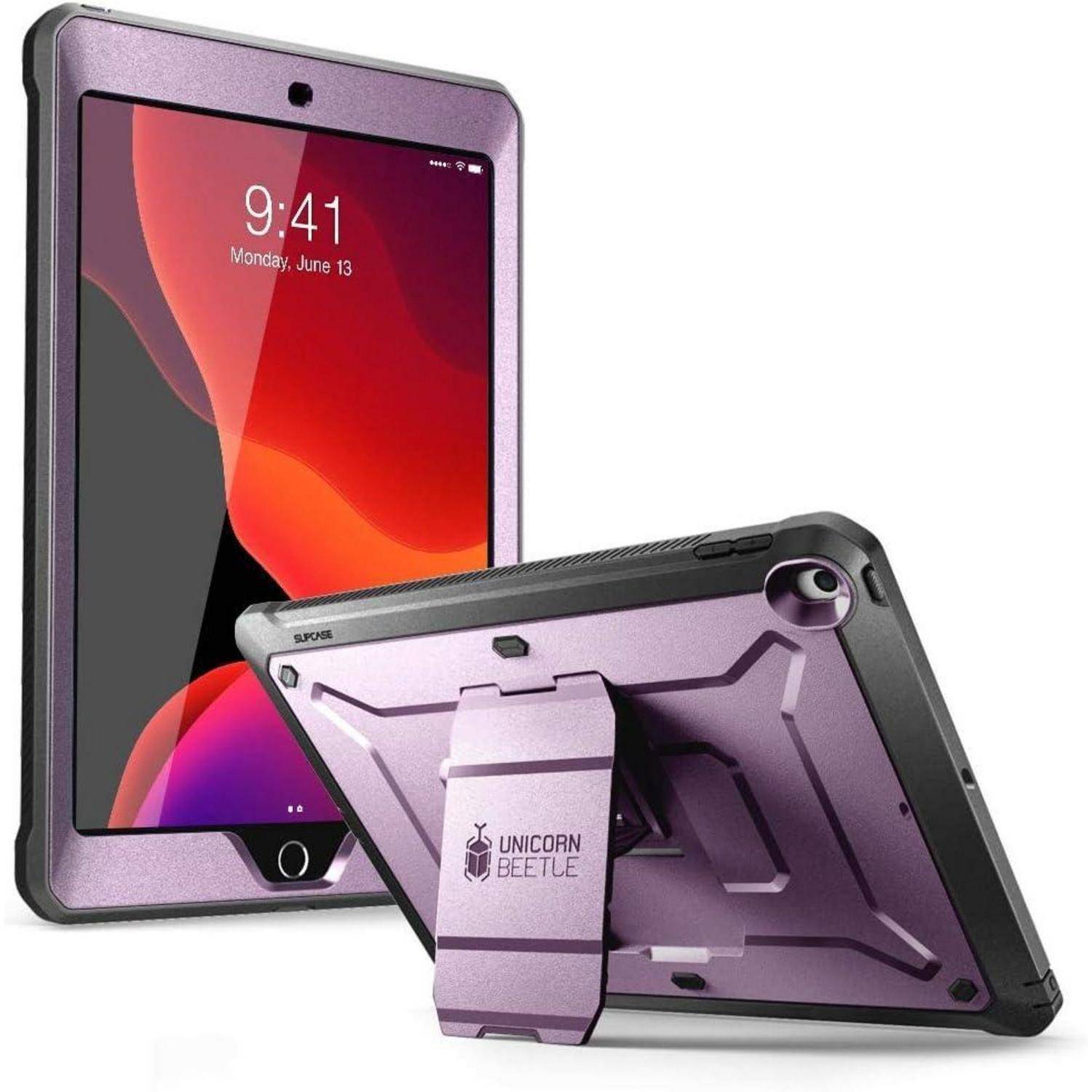 Violette robuste Tablet-Schutzhülle mit integriertem Ständer, gezeigt auf einem iPad, Vorder- und Rückseiten-Ansichten.