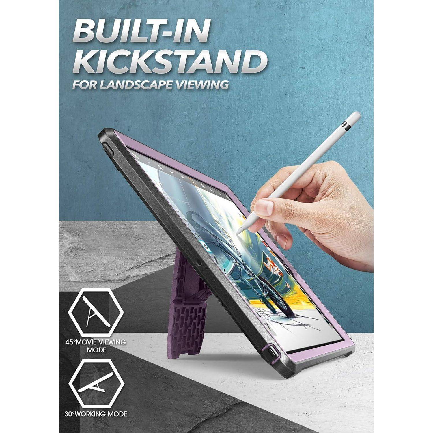 Werbeabbildung einer Tablet-Schutzhülle mit integriertem Ständer für die Ansicht im Querformat, gezeigt in 45°-Film- und 30°-Arbeitsmodus, mit einer Hand, die einen Stylus auf dem Bildschirm verwendet.
