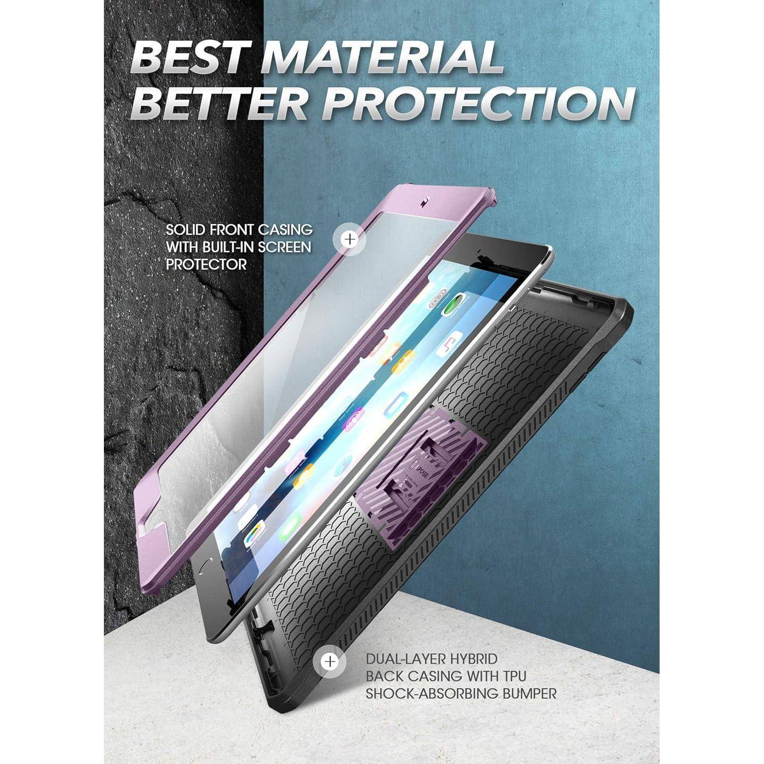 Werbegrafikbild einer Handyhülle mit dem Text "BESTES MATERIAL BESSERER SCHUTZ"" und Hervorhebung einer massiven Frontgehäuse mit integriertem Displayschutz und einem zweischichtigen Hybrid-Rückgehäuse mit TPU-Stoßdämpfer-Bumper.