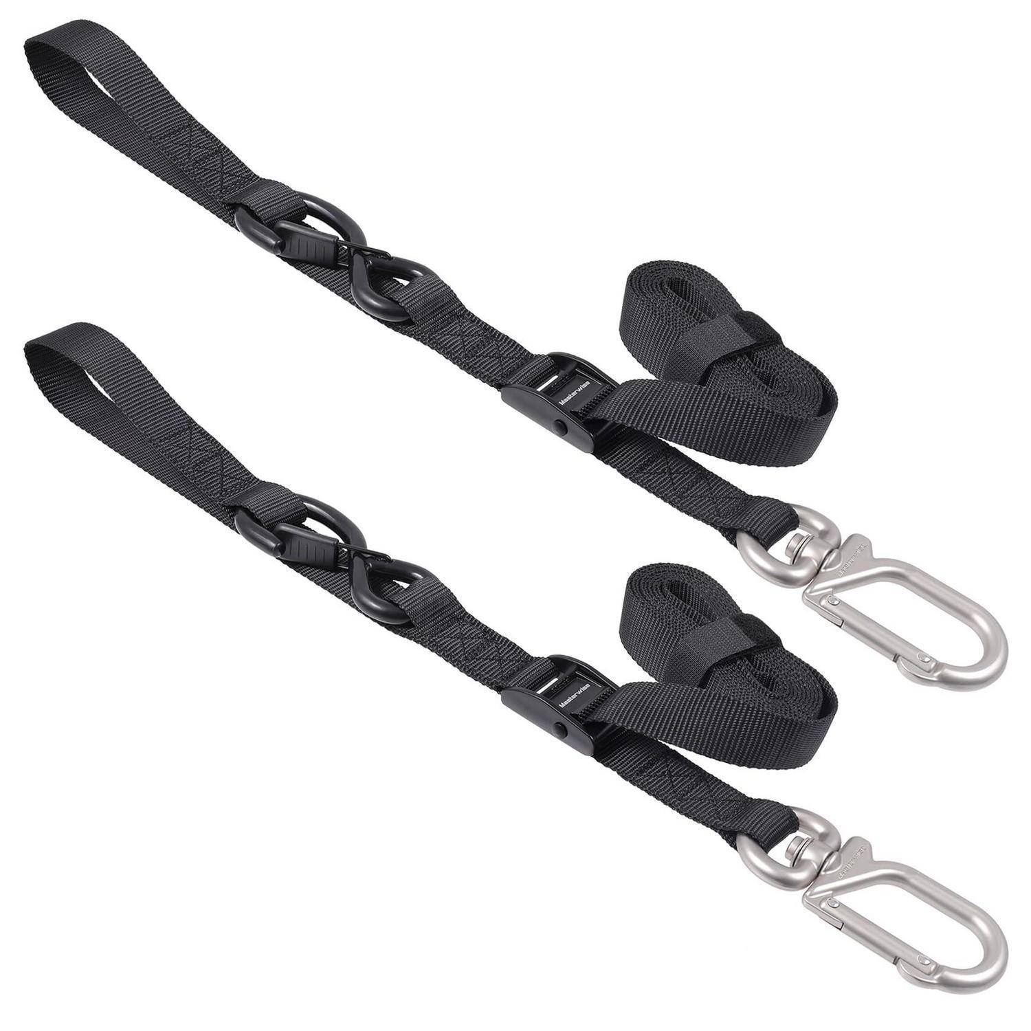 Paar schwarzer verstellbarer Nylon-Riemen mit Schleifenenden und silbernen Metallkarabinerhaken, dargestellt auf weißem Hintergrund.