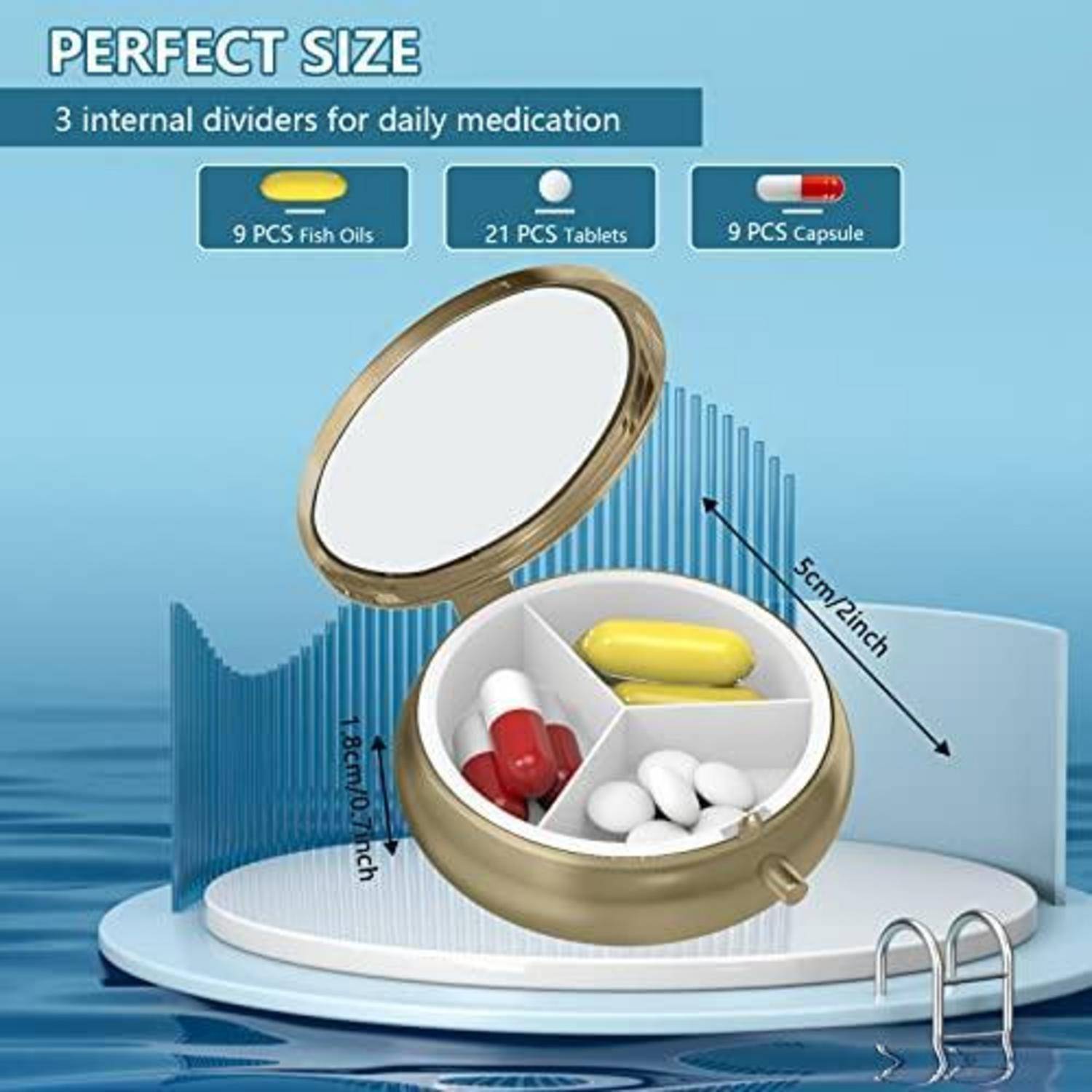 Rundes Goldenes Pillendose mit Spiegelbdeckel und drei internen Trennwänden für tägliche Medikamente, beschriftet für Fischöl, Tabletten und Kapseln; 5 cm breit.