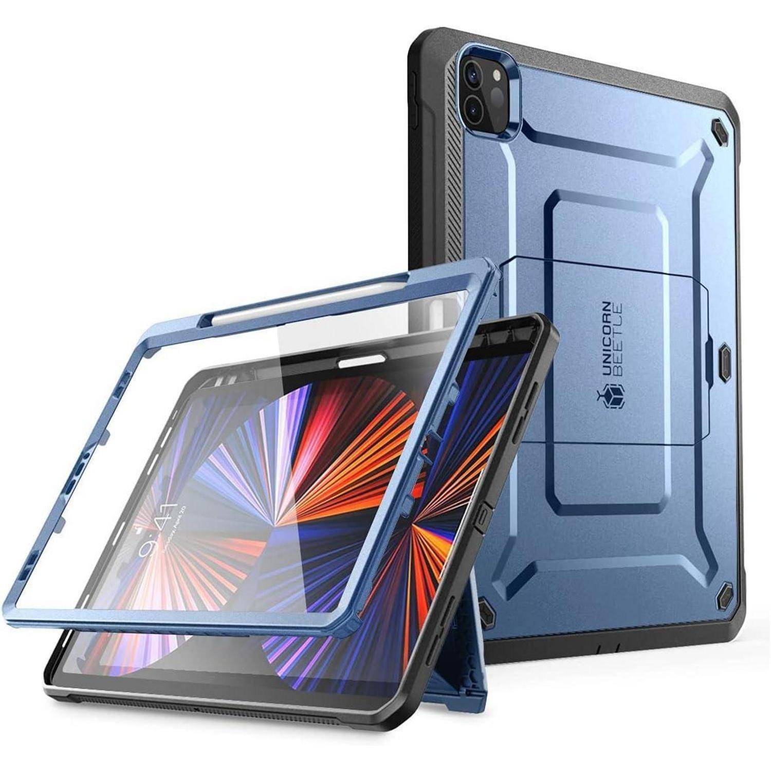 Blaugrauer robuster Tablet-Schutzhülle mit integriertem Ständer, geöffnet um ein Tablet herum gezeigt und neben ihrer Rückseite dargestellt.