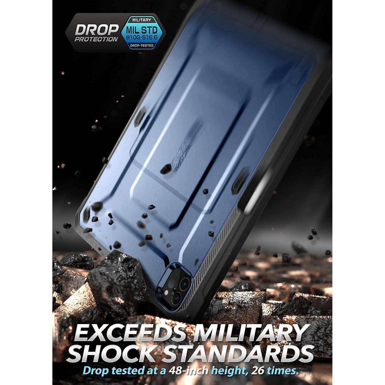 Handyhülle wird auf Felsen fallen gelassen, um Fallschutz zu betonen; Text besagt „DROP PROTECTION", „MIL STD"" und „EXCEEDS MILITARY SHOCK STANDARDS"" mit Falltests aus 48 Zoll Höhe, 26-mal durchgeführt.