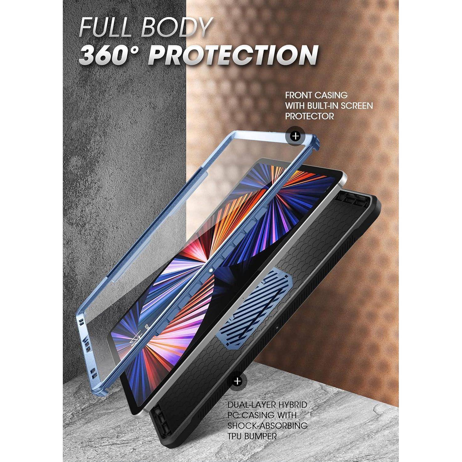 Werbebild einer Handyhülle mit "VOLLSTÄNDIGER RUNDUMSCHUTZ 360°"" mit vorderer Schutzhülle, integriertem Displayschutz, zweischichtigem hybridem PC-Gehäuse und stoßabsorbierendem TPU-Bumper.