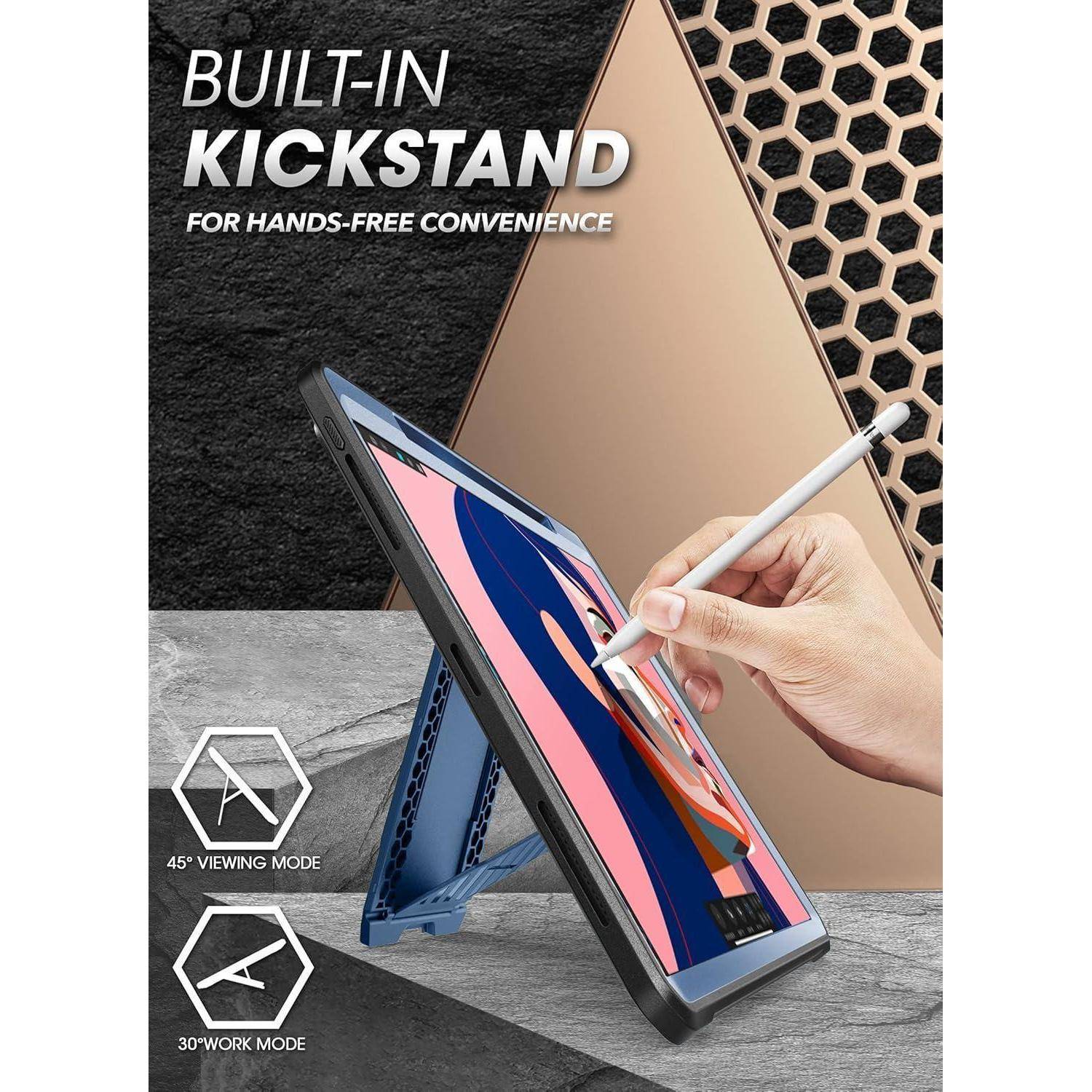 Tablet-Schutzhülle mit integriertem Ständer für freihändige Nutzung, gezeigt im 45°-Betrachtungsmodus und 30°-Arbeitsmodus, während jemand einen Stylus verwendet.