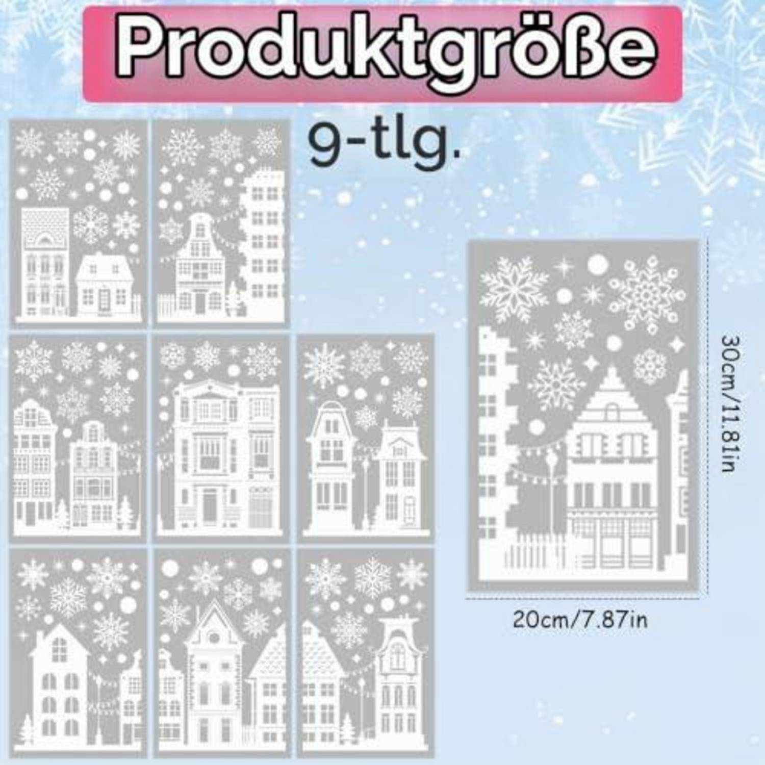 Produktgrößen-Grafik mit einem 9-teiligen Winterdorf-Aufkleber-Set, wobei ein Panel vergrößert dargestellt ist; beschriftet mit „Produktgröße" und Maßen 20 cm x 30 cm, 7,87 Zoll x 11,81 Zoll.