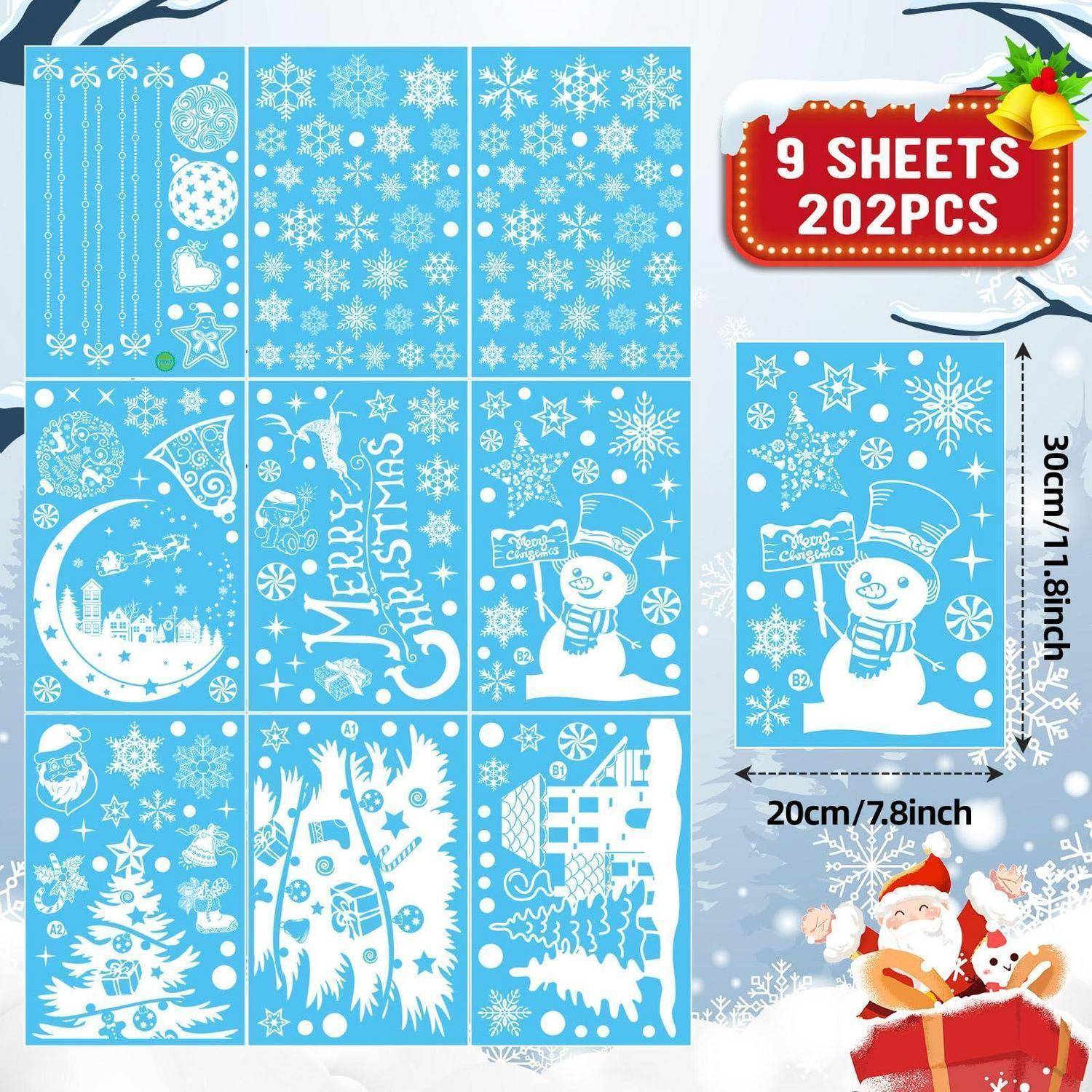 Blaueset mit Weihnachtsfensteraufklebern mit Schneeflocken, dem Weihnachtsmann, Schneemann und „Frohe Weihnachten