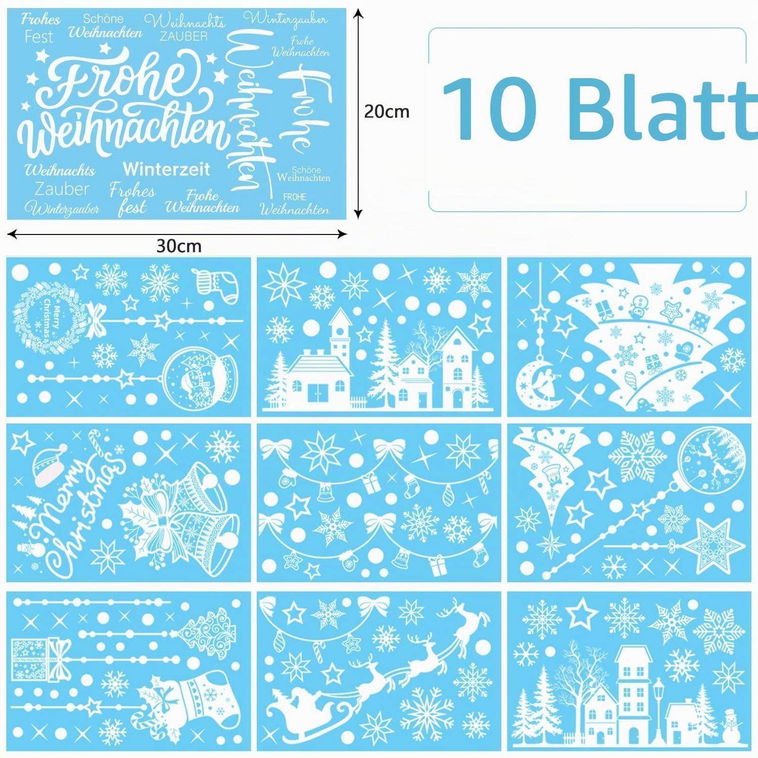 Blauer Weihnachtssticker-Set mit 10 winterlichen Aufklebern, einschließlich "Frohe Weihnachten""-Text, Schneeflocken, Dorfszenen, Christbaumkugeln und Weihnachtsmannschlitten.