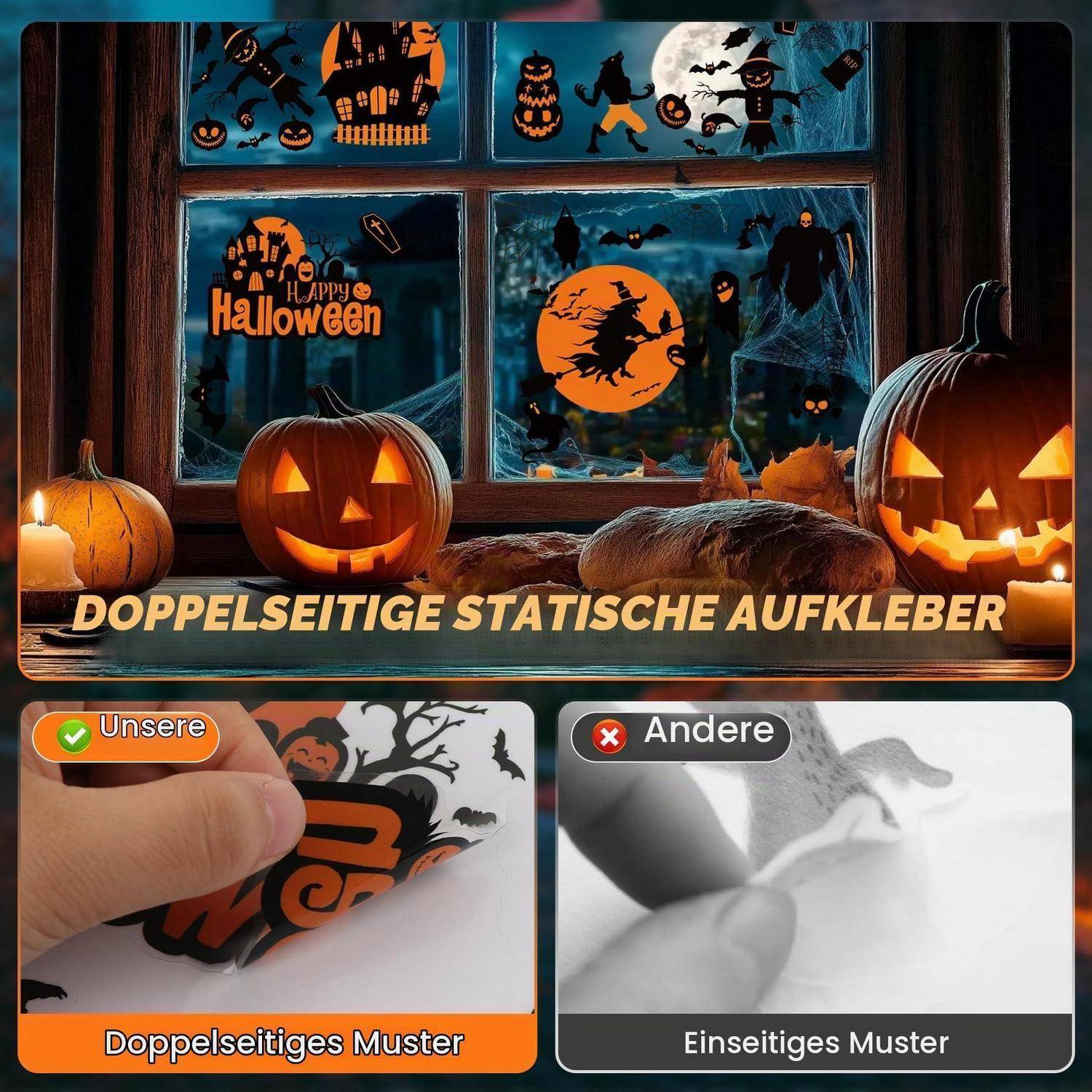 Halloween-Fensteraufkleber mit leuchtenden Kürbisgesichtern und 'DOPPELSEITIGE STATISCHE AUFKLEBER'; Der untere Vergleich zeigt doppelseitiges Muster gegenüber einseitigem Muster.