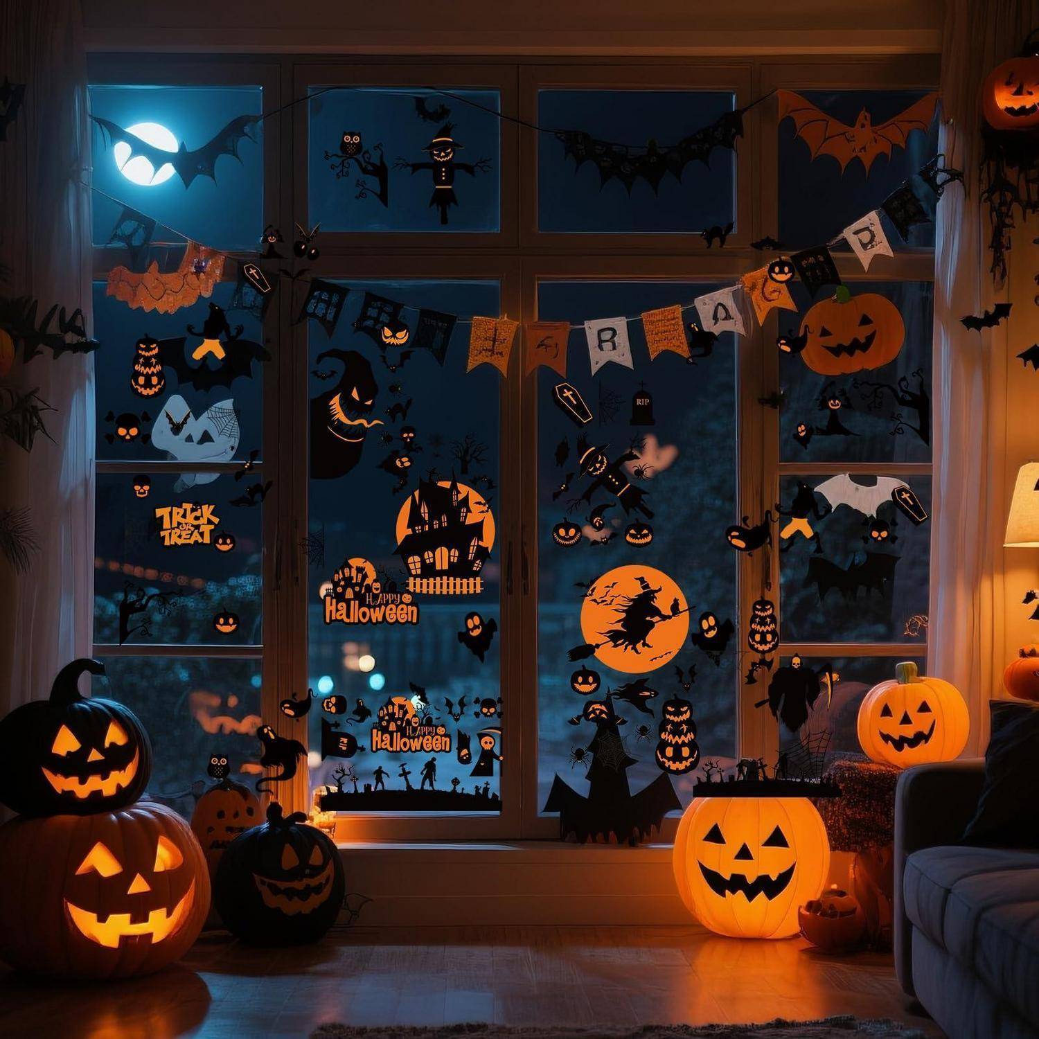 Zu Halloween dekoriertes Wohnzimmerfenster mit leuchtenden Kürbislaternen, Fledermäusen, Geistern und „Happy Halloween"-Bannern.