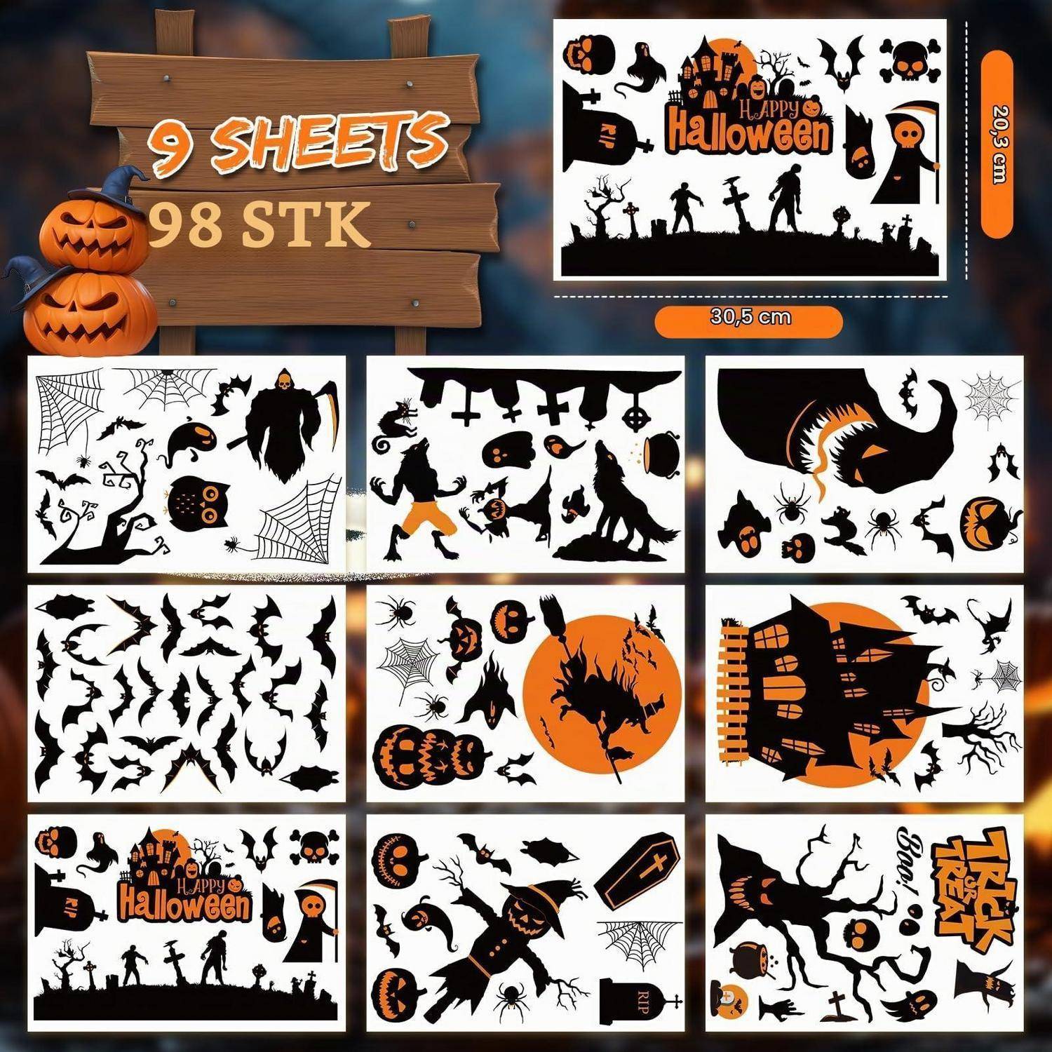 Halloween-Motiv-Aufkleberbogen mit Kürbissen, Fledermäusen, Gespenstern, Spinnen, Hexen, Spukhaus und „Happy Halloween"-Text; 9 Bogen, 98 Teile.