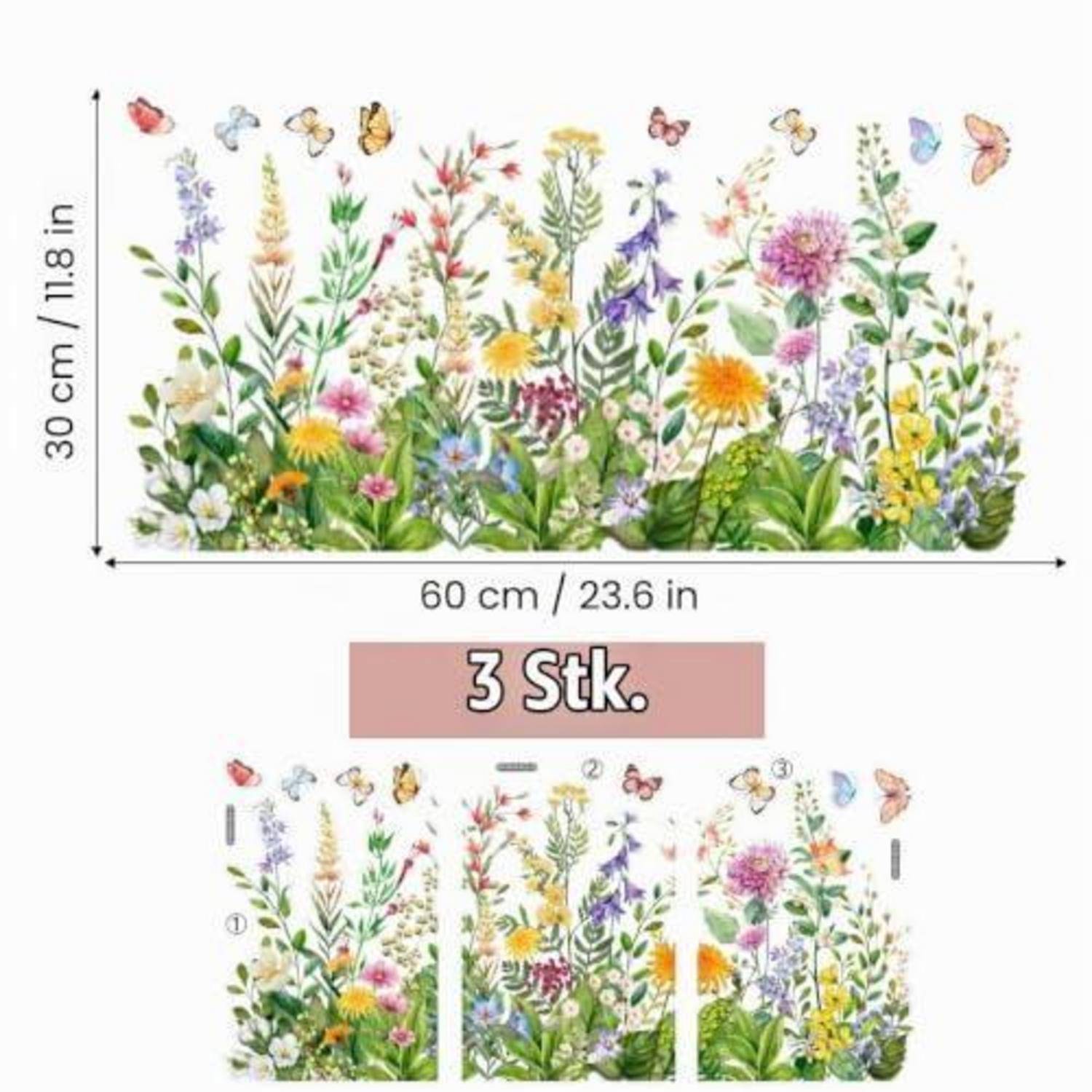 Produktbild von drei abnehmbaren Blumen-Wandtattoos, das eine 60 cm mal 30 cm große Wiesenszene mit Schmetterlingen und Blüten zeigt, mit der Bezeichnung „3 Stk." und aufgeteilt in drei Felder.
