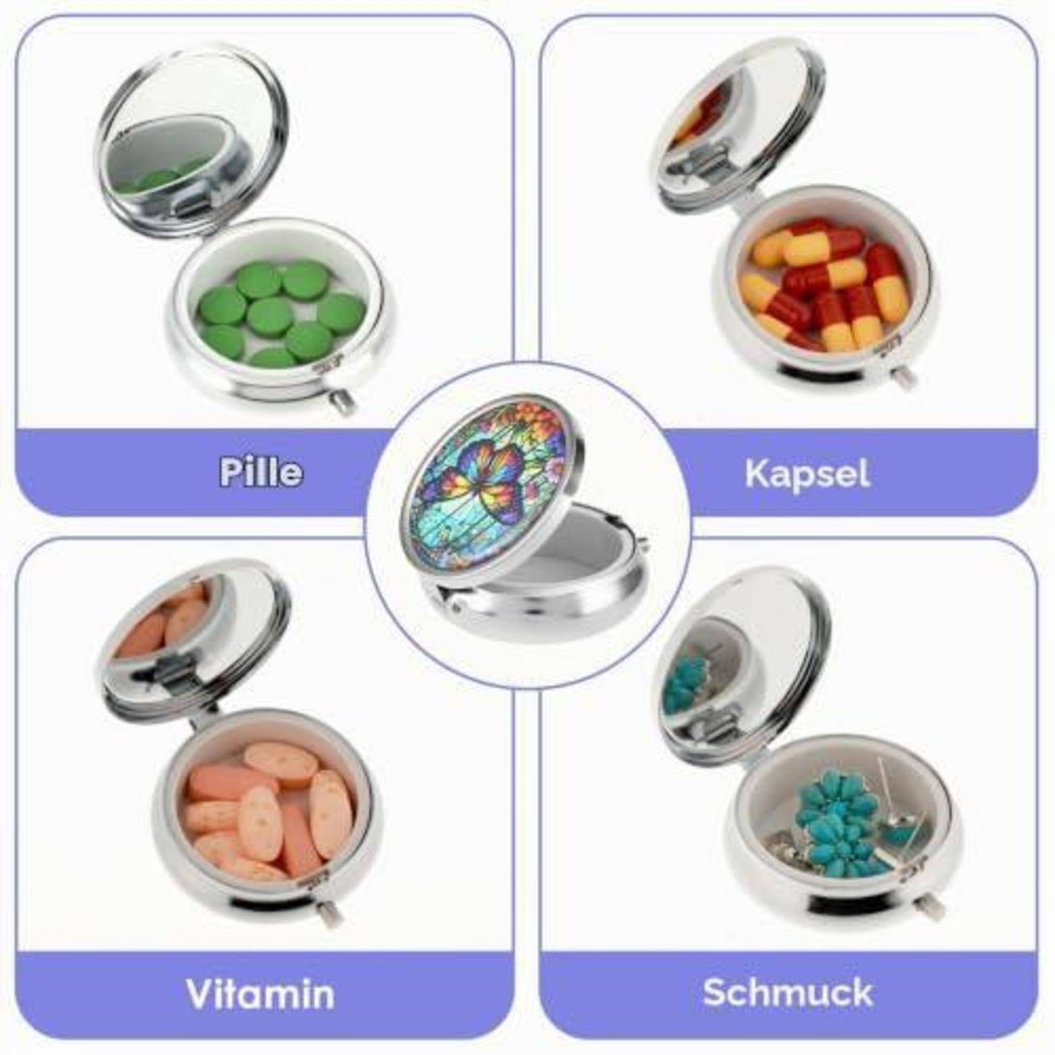 Diagramm mit vier kompakten Behältern mit den Bezeichnungen „Pille", „Kapsel"", „Vitamin"" und „Schmuck"", von denen jeder unterschiedliche Pillen oder Schmuck enthält, mit einem dekorativen Schmetterlingskoffer in der Mitte.