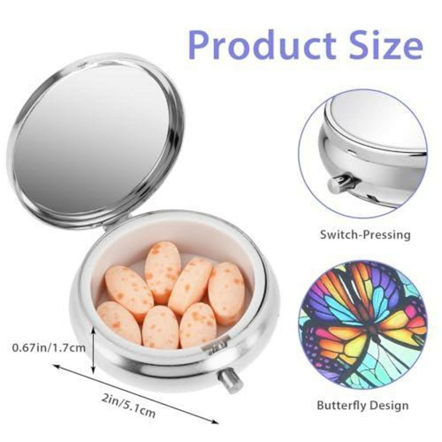 Produktgrößenabbildung eines kleinen runden Metallpillenkartons mit einem Durchmesser von 2 Zoll/5,1 cm, einer Höhe von 0,67 Zoll/1,7 cm, einem druckbetätigten Verschluss und einem Schmetterlingsdesign.