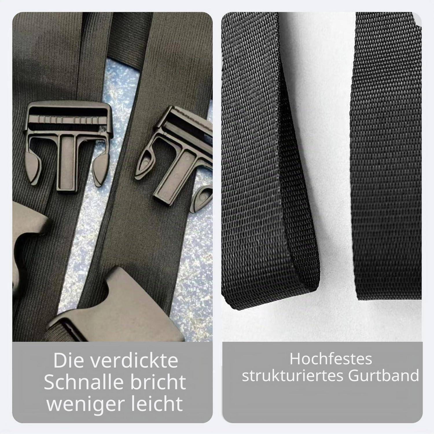Nebeneinander angeordnete Nahaufnahmen eines Taschengriffs und der Schnallenbeschläge, die eine verstärkte Schnalle und hochfestes strukturiertes Gewebeband zeigen, mit deutschen Beschriftungen, die besagen, dass die Schnalle leichter bricht und der Riemen hochfest ist.