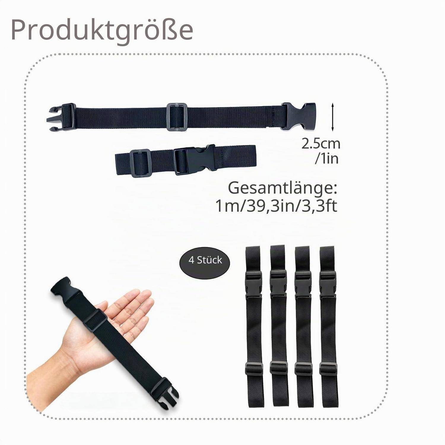 Das Produktgrößen-Diagramm zeigt einen schwarzen verstellbaren Riemen, 2,5 cm breit und 1 m lang, mit "4 Stück"" und Beispiele seiner Länge in der Hand und gefalteten Stücken.