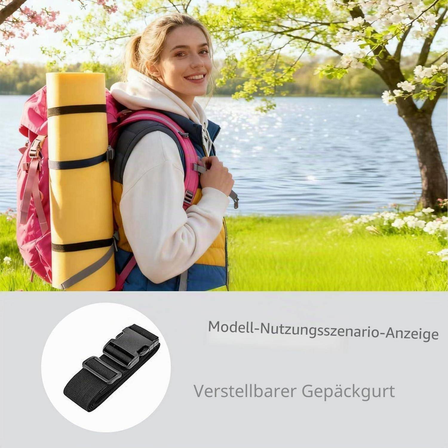 Lächelnde Frau mit Rucksack und zusammengerollter Schlafmatte an einem See; unteres Feld zeigt ein verstellbares Gepäckgurt-Produkt mit deutschem Text.