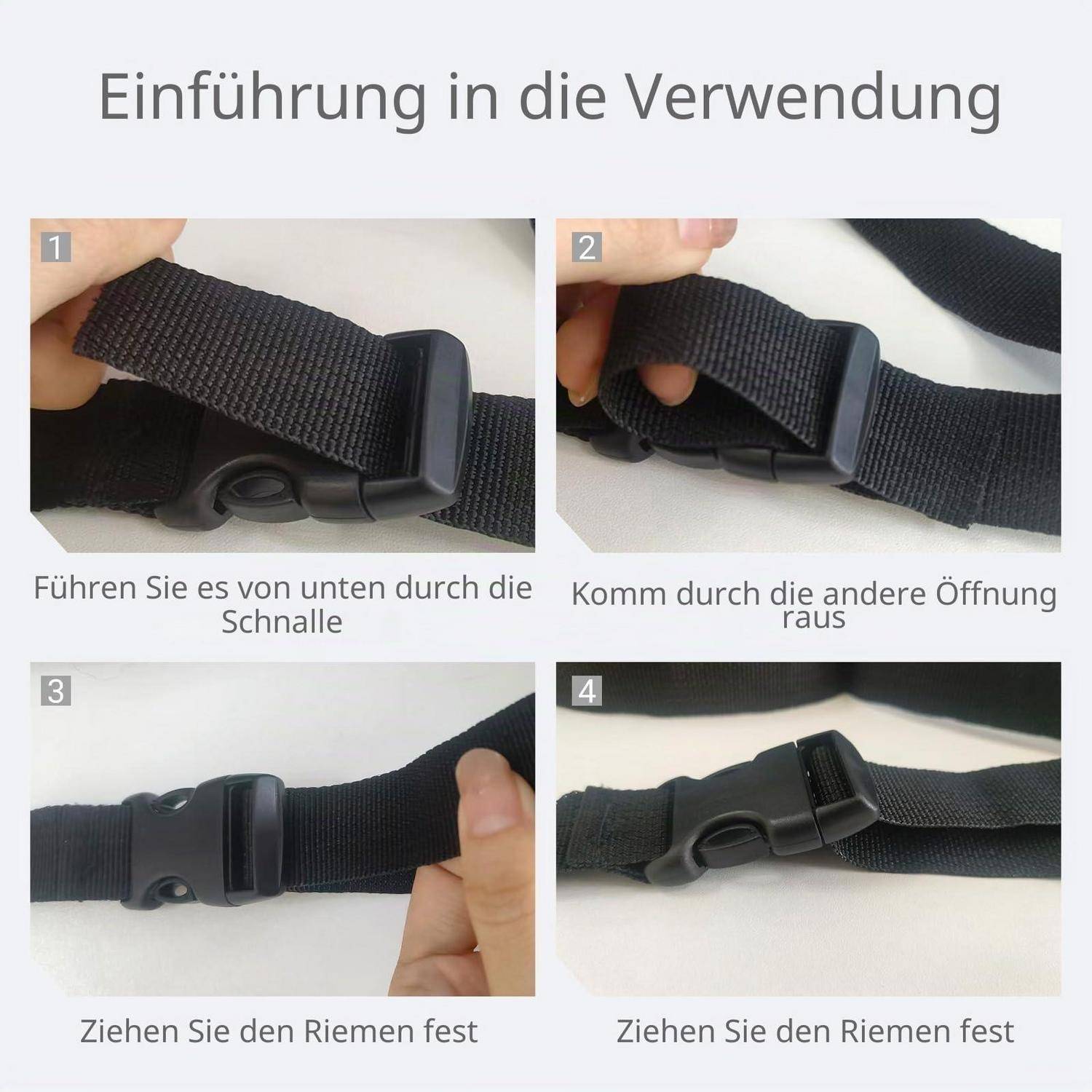 Die deutschen Anleitung zeigen, wie man einen schwarzen Kunststoffschnallengurt in vier Schritten einfädelt und festzieht: Riemen durch die Schnalle führen, aus der anderen Öffnung heraus, dann zweimal festziehen.
