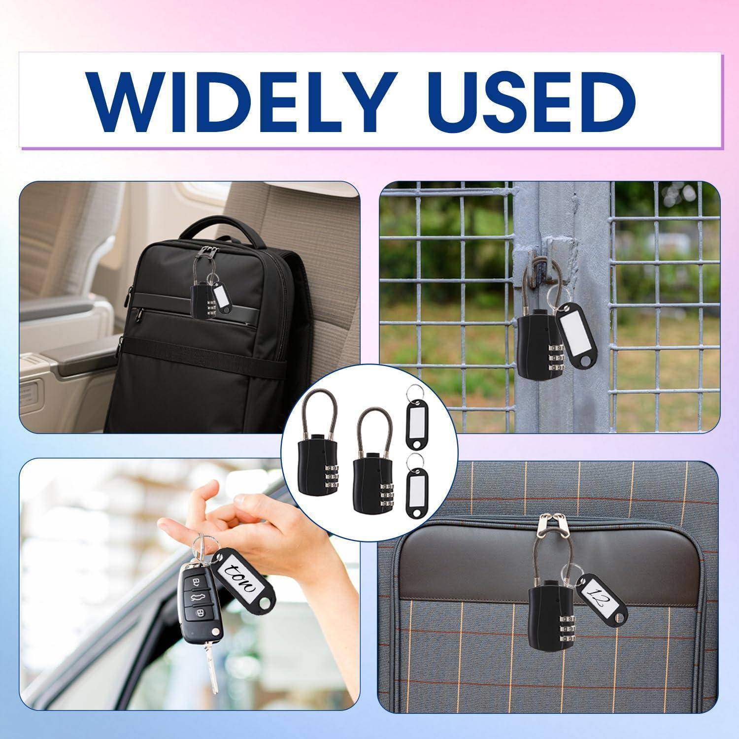 Collage mit dem Titel „WEIT VERBREITET" zeigt ein Vorhängeschloss mit angebrachtem Etikett auf einem Rucksack, einem Tor, einem Koffer und Autoschlüsseln.