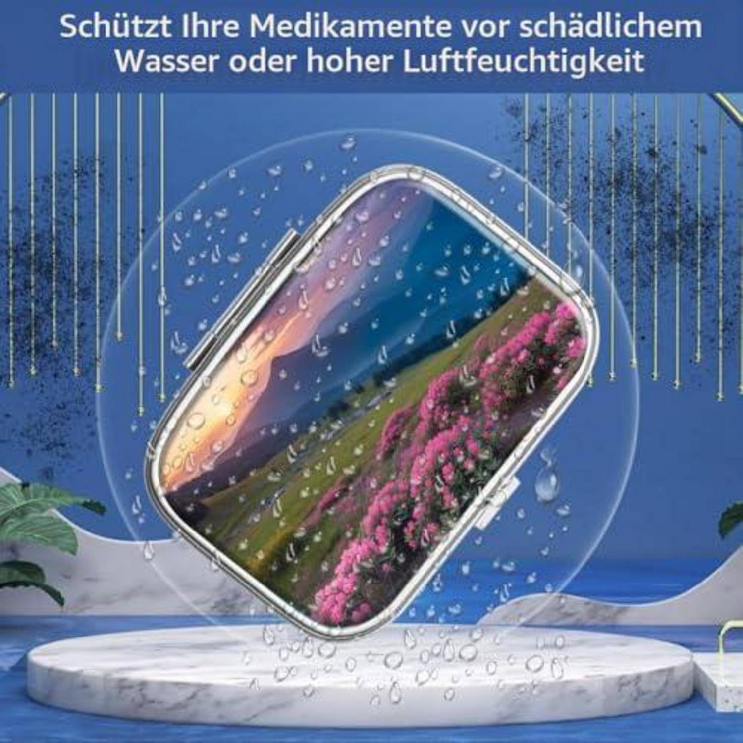 Telefonähnliches Medikamentenetui in einer Wassergase auf einem Sockel, mit deutschem Text, der besagt, dass es Medikamente vor schädlichem Wasser oder hoher Luftfeuchtigkeit schützt.