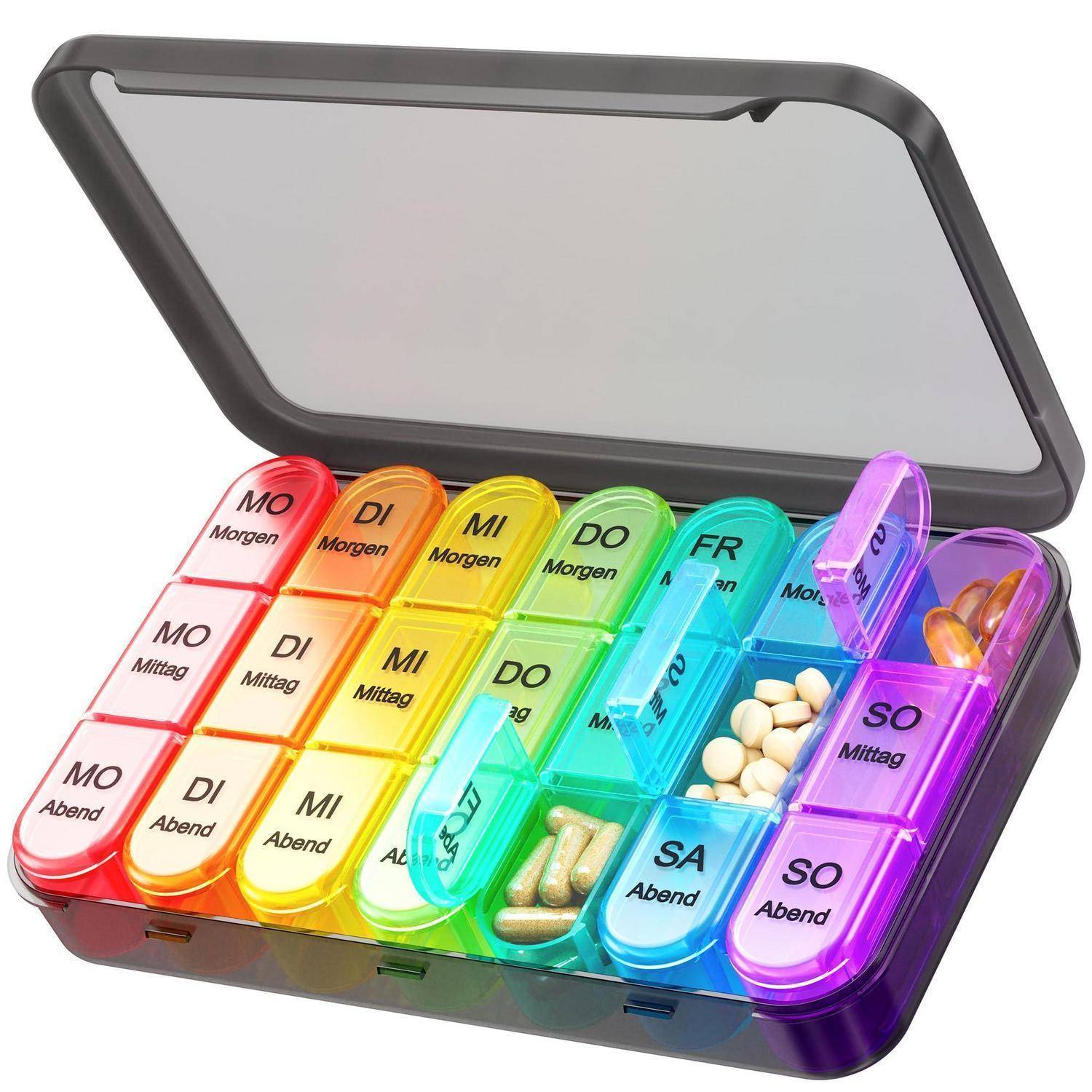 Daviky Tablettenbox 7 Tage 3 Fächer Morgens Mittags Abends Regenbogenfarben