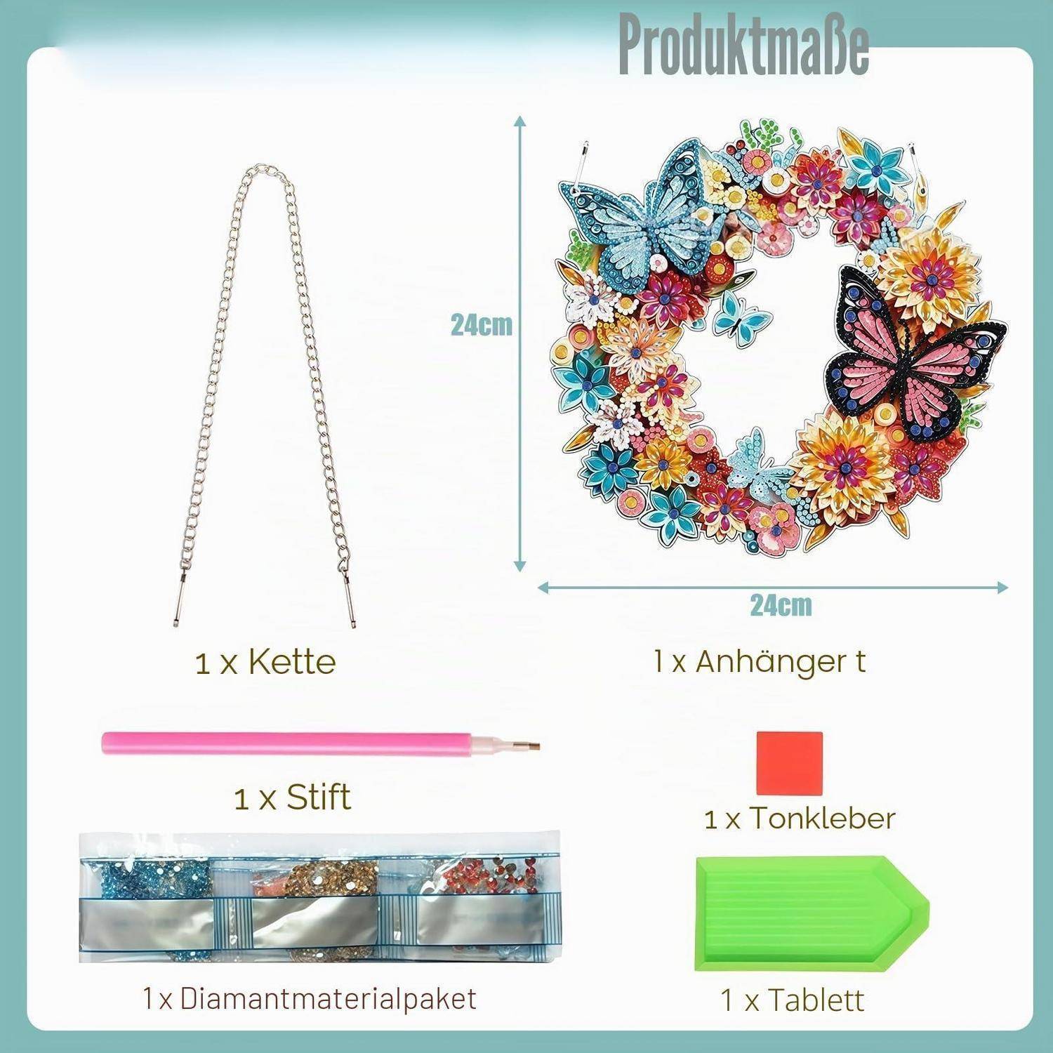 Produktinhaltsdiagramm zeigt 1 Kettenhalsband, 1 Schmetterlings-Blumenkranz-Anhänger, 1 Stiftwerkzeug, 1 Leim, 1 Diamantmaterialpaket und 1 Tablett; Anhängergröße 24 cm x 24 cm.