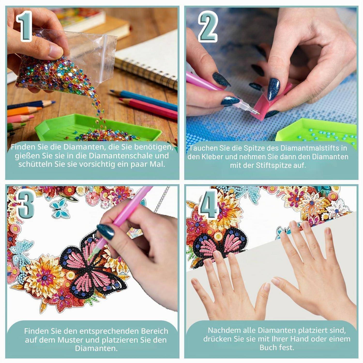 Vierschrittiges Diamond-Painting-Tutorial: Steine sortieren, Rhinesteine mit dem Stift aufnehmen, sie auf das Schmetterligs- und Blumenmuster platzieren und dann flach andrücken, um es zu beenden.