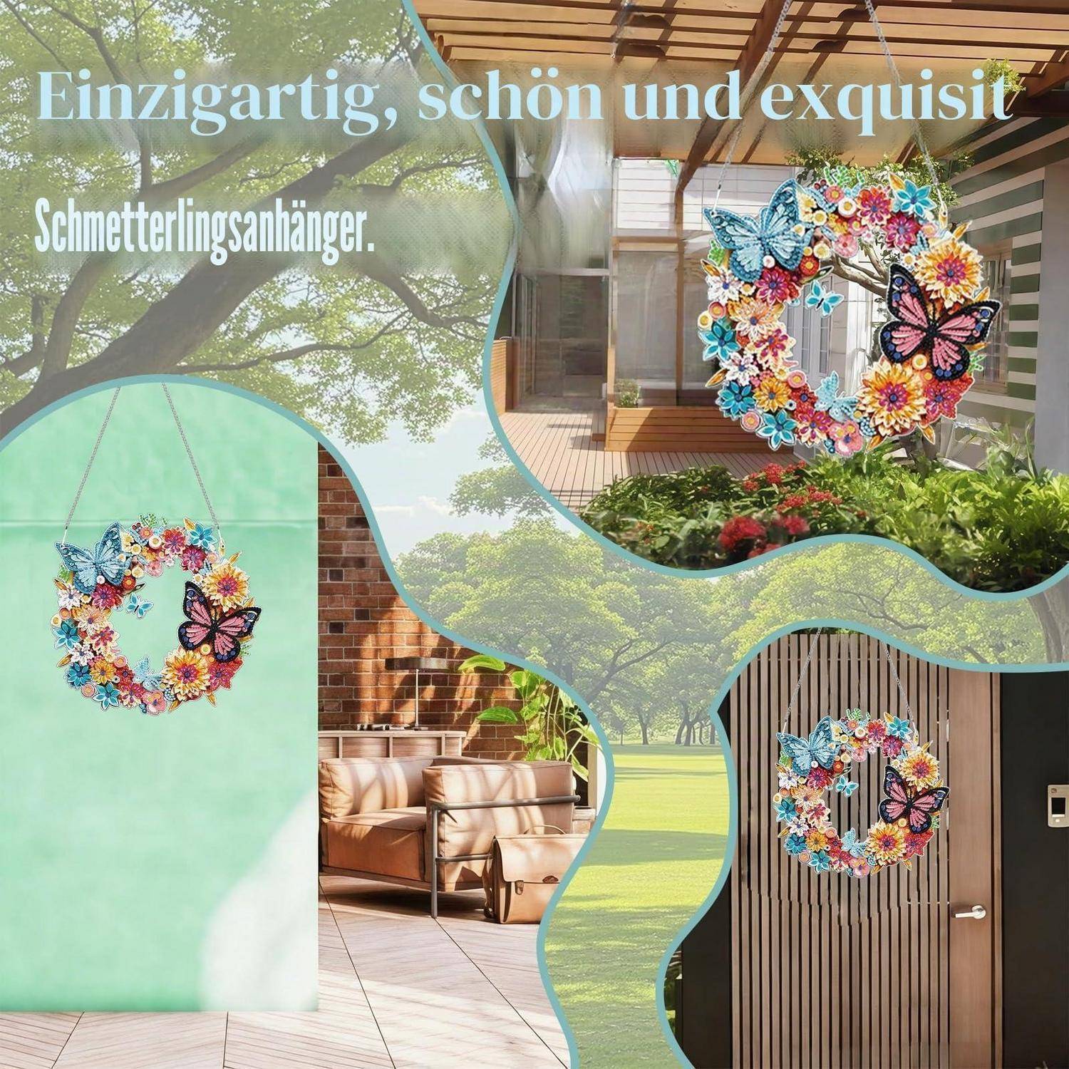 Collage, die einen Schmetterlingsanhänger an Wänden und Türen in Außen- und Innenräumen bewirbt, mit deutscher Überschrift „Einzigartig, schön und exquisit".