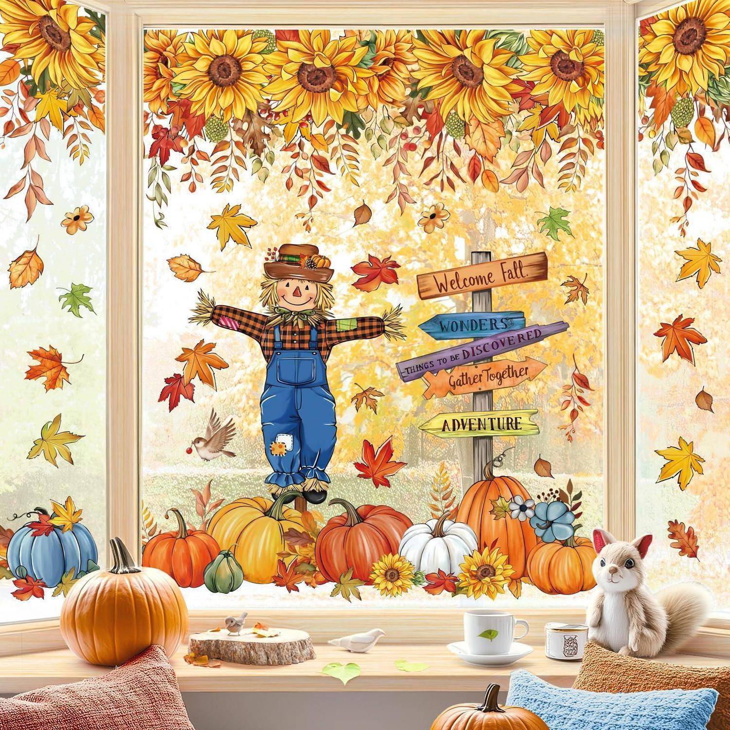 Herbstfensterszene mit einer Vogelscheuche und einem Wegweiser mit den Aufschriften „Willkommen Herbst