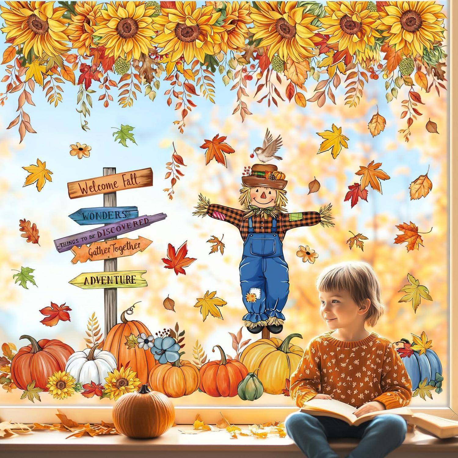 Eine herbstliche Szene mit Sonnenblumen, Kürbissen, fallenden Blättern und einer Vogelscheuche neben einem Schild mit der Aufschrift „Willkommen Herbst"; ein Kind sitzt lesend im Vordergrund.